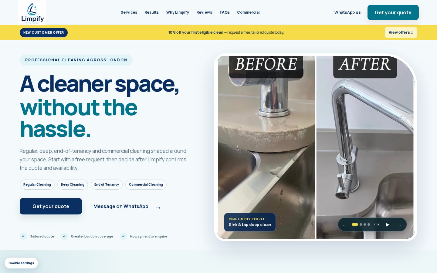 Limpify Cleaning homepage showing services and the route to request a quote