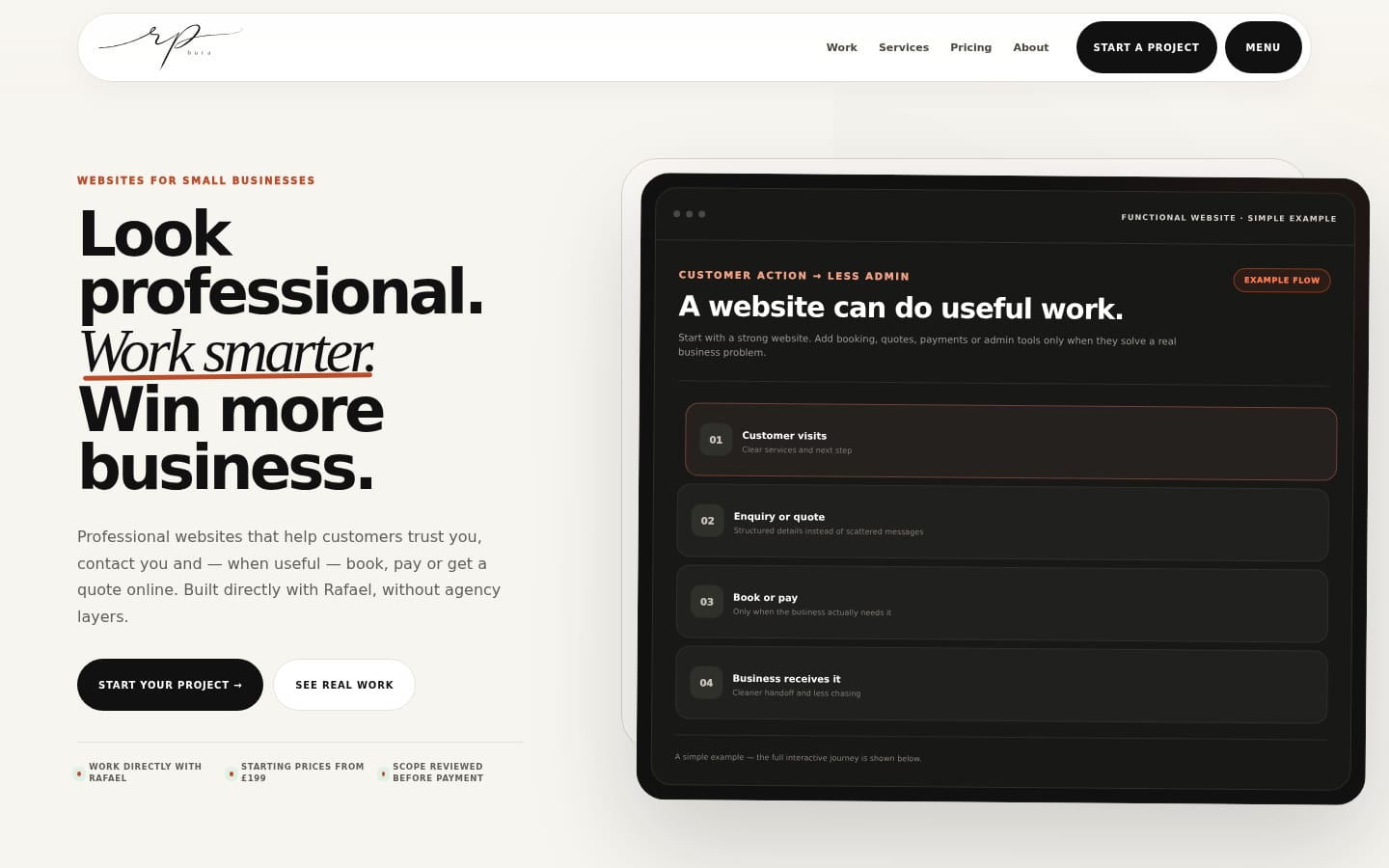 Rafael Pinto homepage showing the service proposition and functional website flow